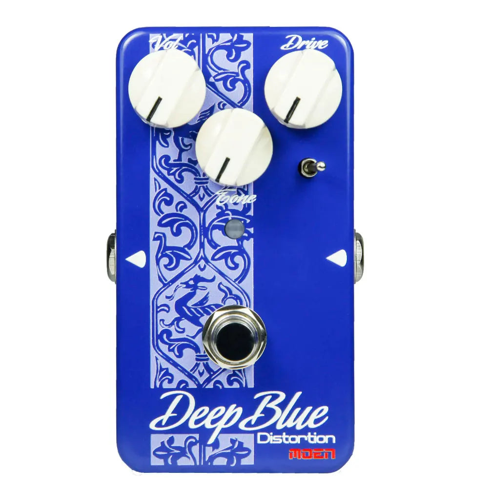 Blue guitar pedal deep blue distortion by miken with white knobs and intricate design item weight 140g size 100*65*61mm 4 monaural jack impedance