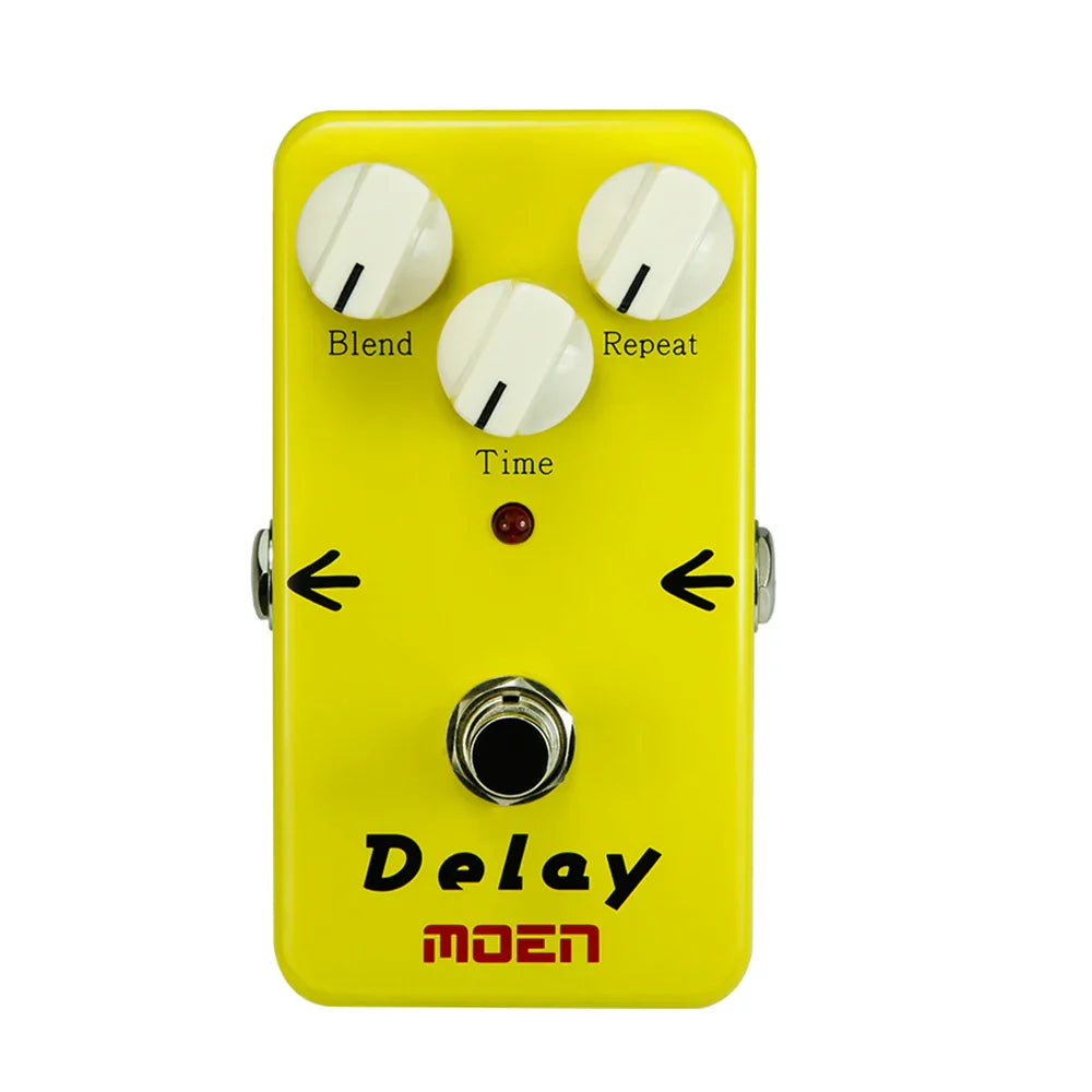 Bright yellow Moen guitar delay effects pedal with blend time and repeat knobs item weight 140g size 100x65x61mm