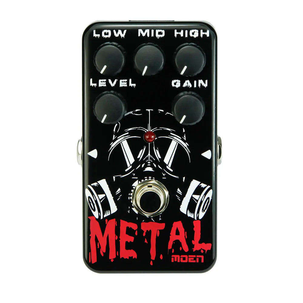 Black metal guitar effects pedal weighing 140g with gas mask graphics labeled metal size 100x65x61mm with 4 inch monaural jack impedance