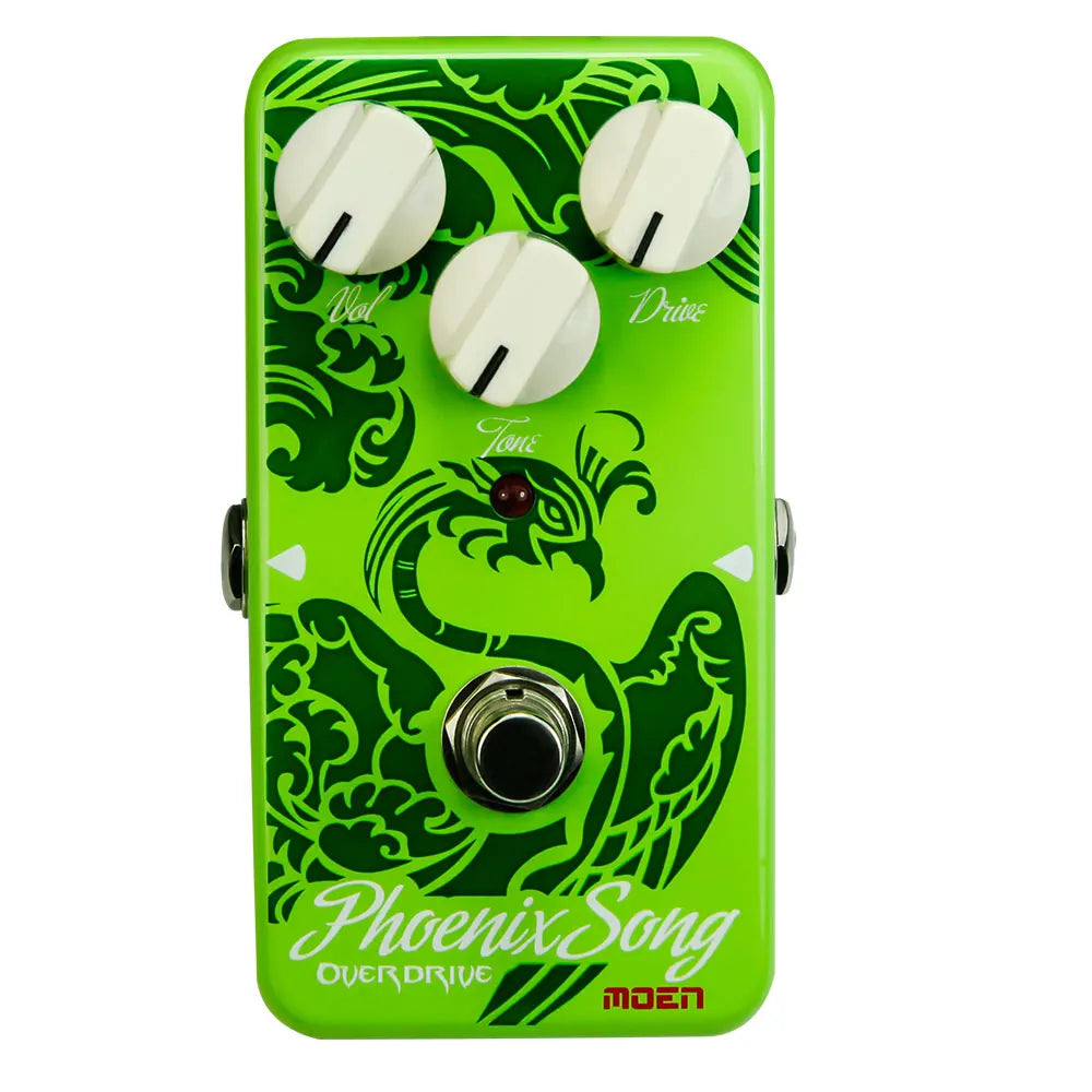 Vibrant lime green moen phoenix song overdrive pedal with stylized phoenix and three white vol tone drive knobs 140g 100x65x61mm 4 monaural jack impedance