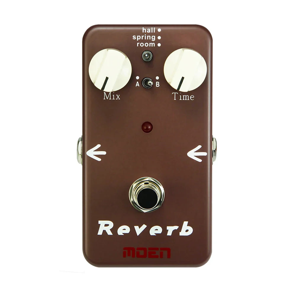 Brown moen reverb pedal with white knobs and silver footswitch for guitar effects weighing 140g and size 100 by 65 by 61mm