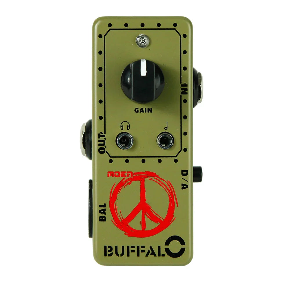 Olive green moen buffalo guitar effects pedal with bold red peace sign, black knobs, 140g, 100x65x61mm, 4 monaural jack impedance