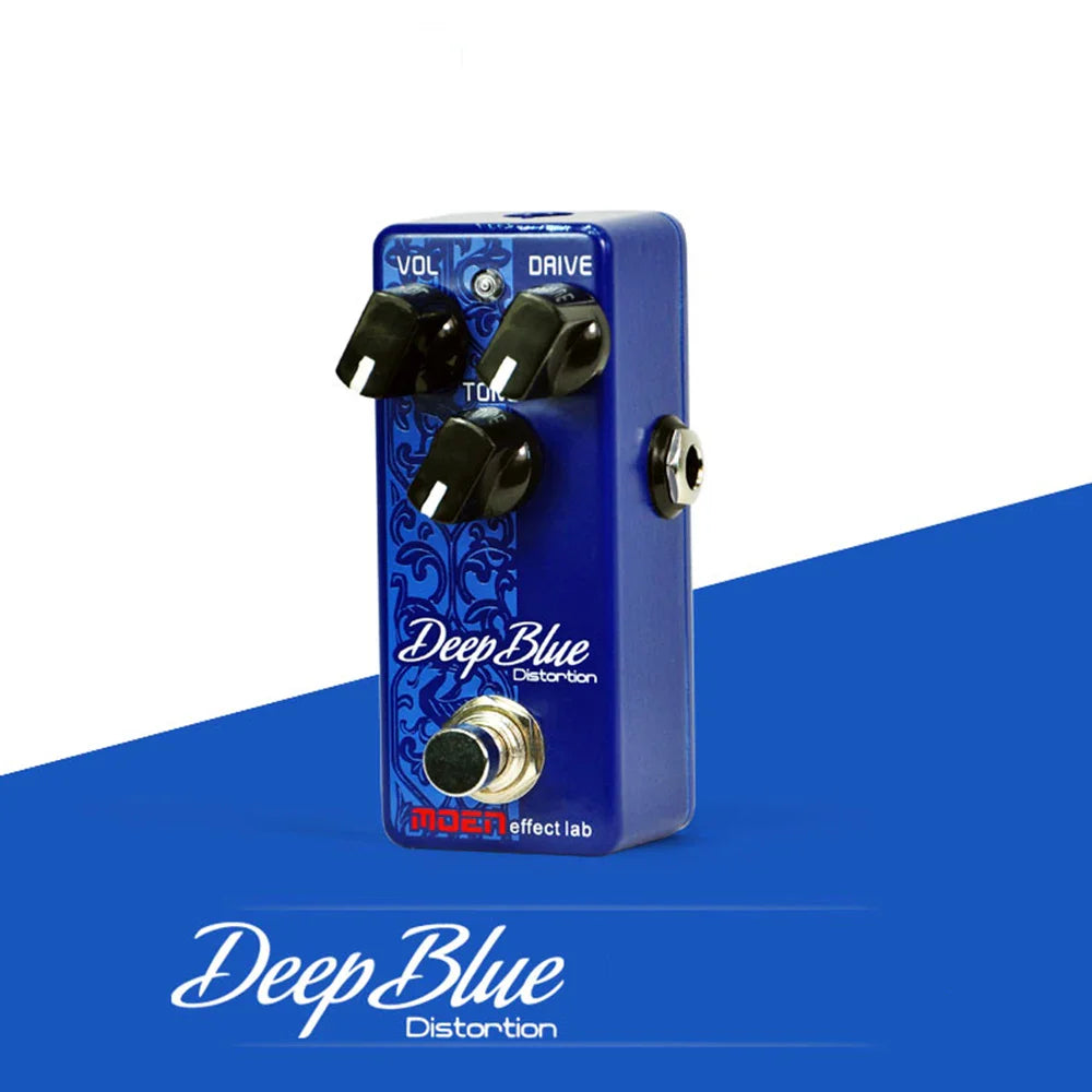 A vibrant blue moen guitar effects pedal with deep blue distortion, three black knobs, gold footswitch, 140g, size 100x65x61mm