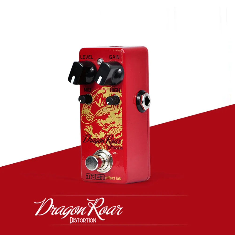 Red rectangular moen dragon roar distortion guitar pedal with gold dragon design black knobs item weight 140g size 100x65x61mm