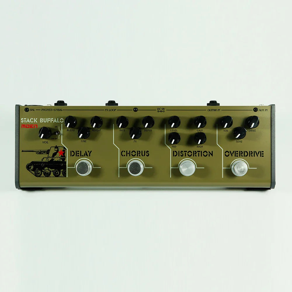 Olive green moen shaky jimi buffalo tiger guitar effects pedal with black knobs silver toggles 140g 100*65*61mm 4 monaural jack impedance