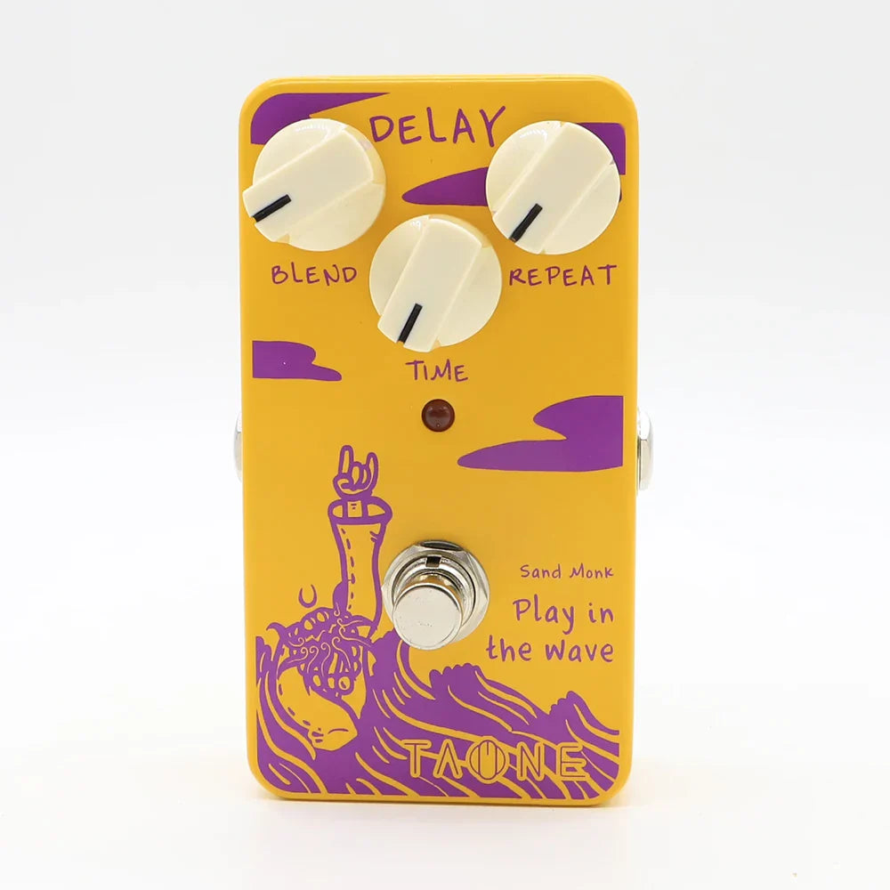 Yellow and purple taone sand monk guitar effects pedal with three white knobs blend time repeat item weight 140g size 100 65 61mm 4 monaural jack impedance