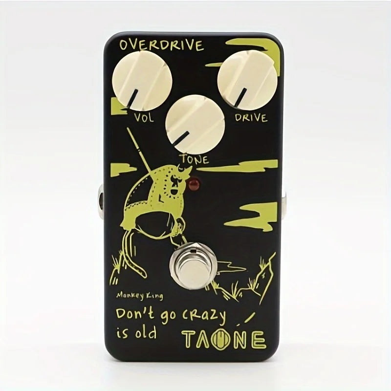 Black taone monkey king overdrive guitar pedal with lime green cartoon design, three cream-colored knobs, 140g, 100*65*61mm, 4 monaural jack impedance