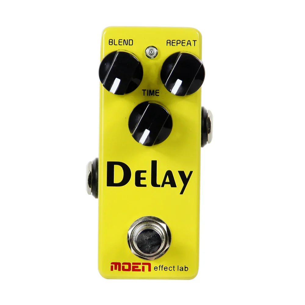 Bright yellow moen effect lab delay pedal with blend repeat and time knobs 140g item weight and 10065x61mm size