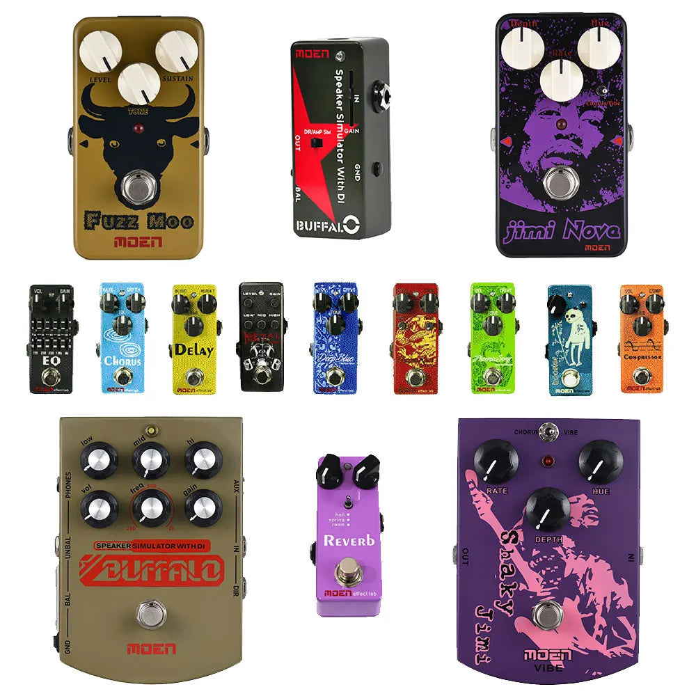A collection of colorful moen and buffalo guitar effects pedals including gold bull and purple jimi hendrix models with 4 monaural jack impedance size 100 65 61mm and item weight 140g