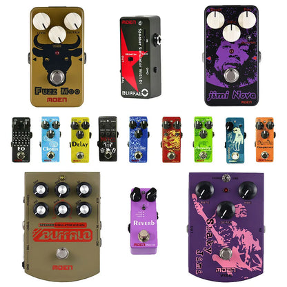 A collection of colorful moen and buffalo guitar effects pedals including gold bull and purple jimi hendrix models with 4 monaural jack impedance size 100 65 61mm and item weight 140g