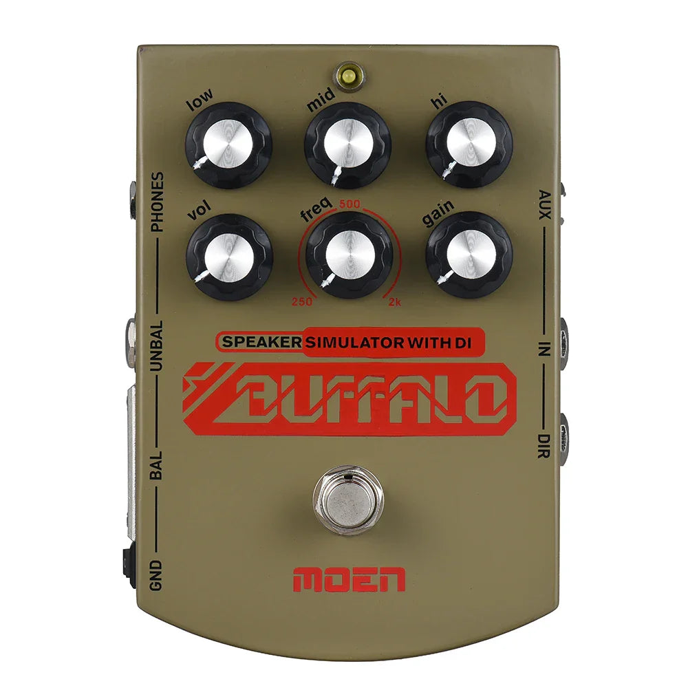 Olive green buffalo moen speaker simulator pedal with black knobs silver centers red branding item weight 140g size 100 65 61mm 4monaural jack impedance