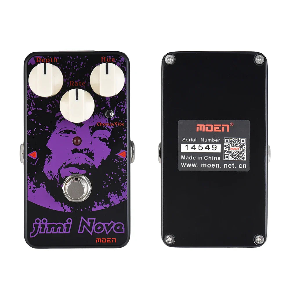 Purple and black moen jimi nova guitar effects pedal with three white knobs 140g 100*65*61mm 4 monaural jack impedance