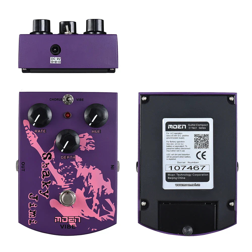 Purple moen vibe guitar effects pedal with pink graphic design black knobs compact size 100*65*61mm item weight 140g
