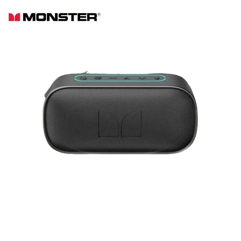 Black textured monster d133 portable stereo surround wireless speaker audio player with glowing teal control buttons