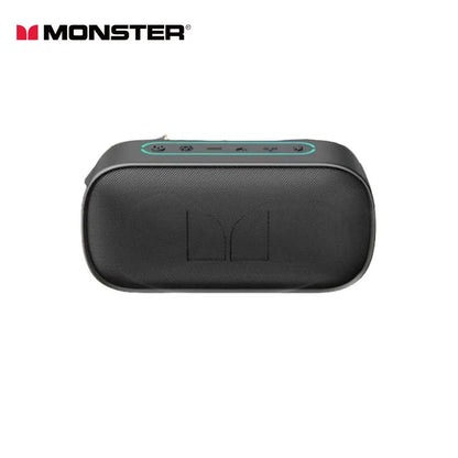 Black textured monster d133 portable stereo surround wireless speaker audio player with glowing teal control buttons