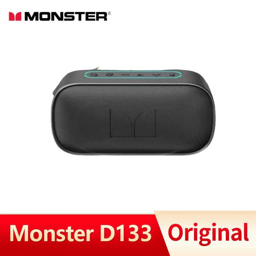 Black monster d133 portable stereo surround wireless speaker audio player with textured fabric and teal accent lighting
