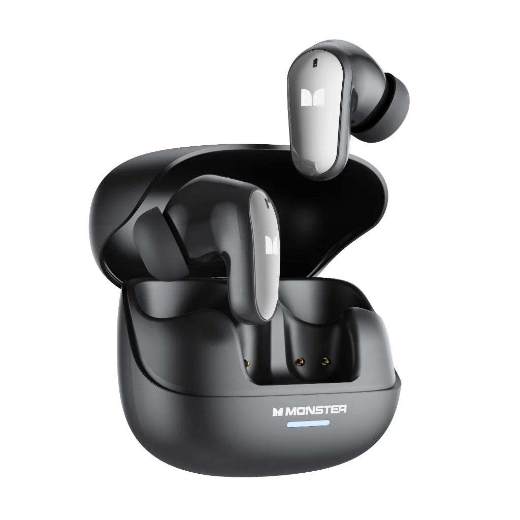 Black Monster MQT52 wireless hifi stereo earphones with noise canceling music feature and silver accents for gaming headset use