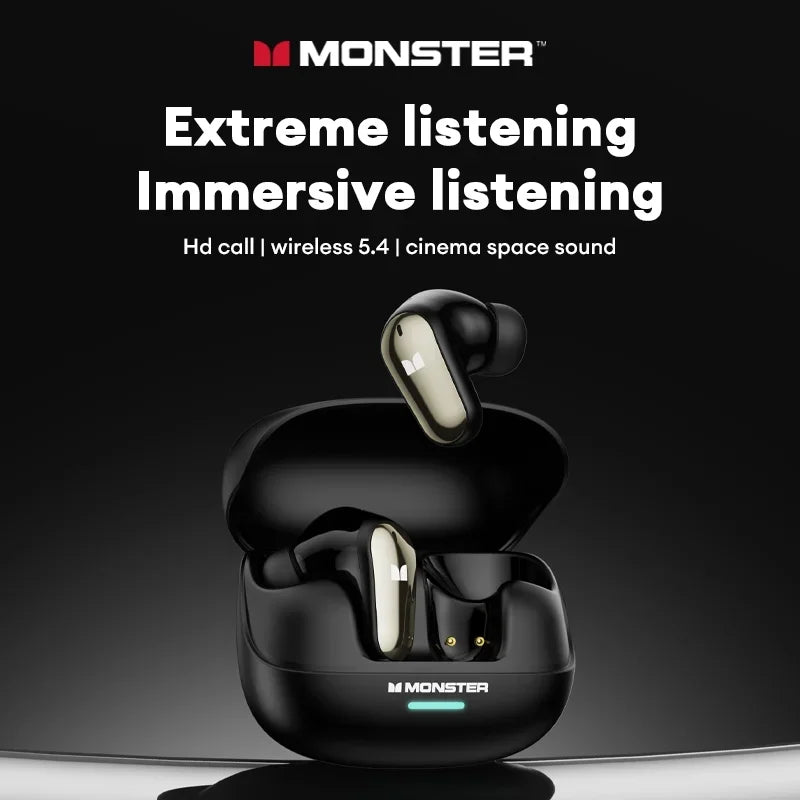 Black monster mqt52 wireless headphones with glossy finish and silver accents in charging case for hifi stereo earphones noise canceling music gaming headset