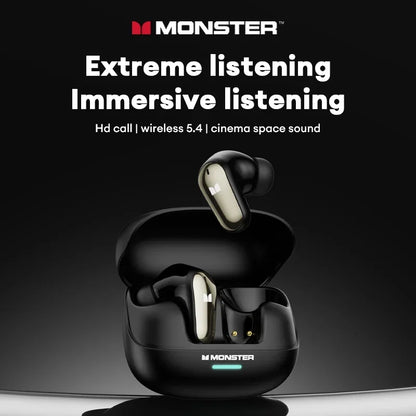 Black monster mqt52 wireless headphones with glossy finish and silver accents in charging case for hifi stereo earphones noise canceling music gaming headset