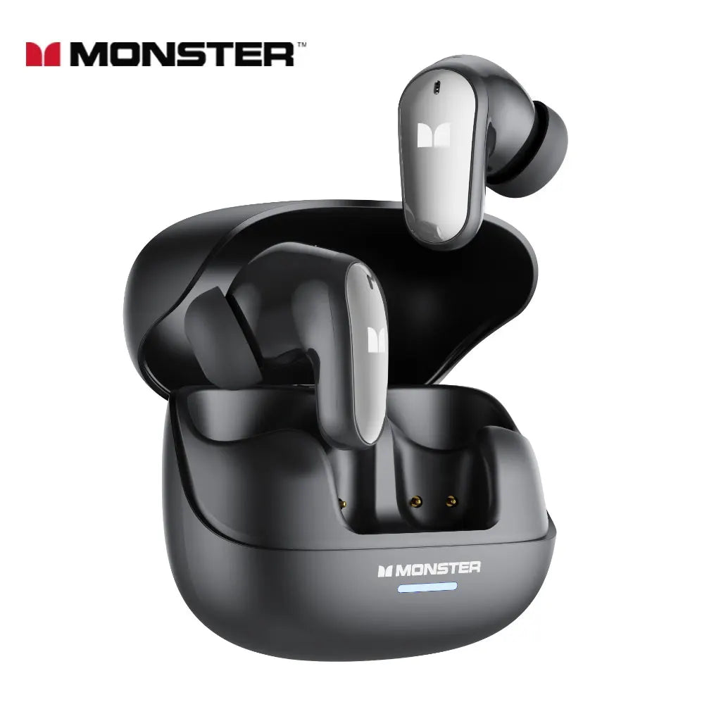 Black and silver monster mqt52 wireless hifi stereo earphones in a matte-finish case with noise canceling music features
