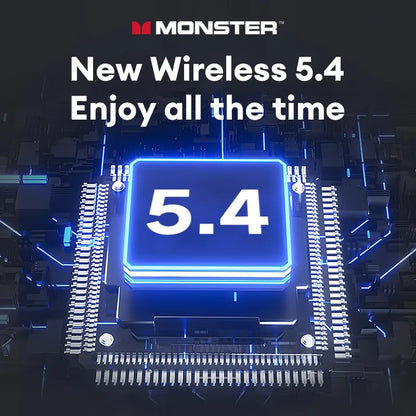 Blue-lit rectangular wireless 5.4 chip with metallic pins and circuitry in monster hifi stereo earphones for noise canceling music gaming headset
