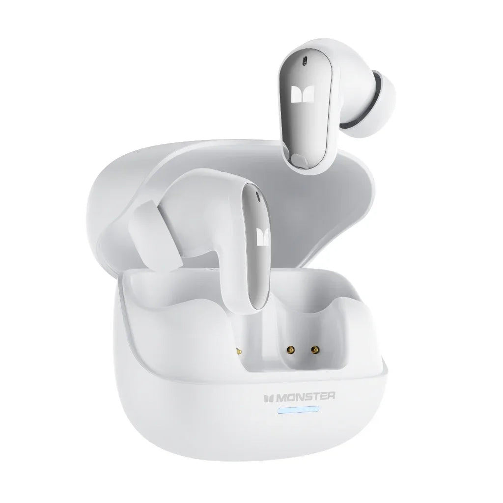 White monster mqt52 wireless hifi stereo earphones with noise canceling music in matching charging case
