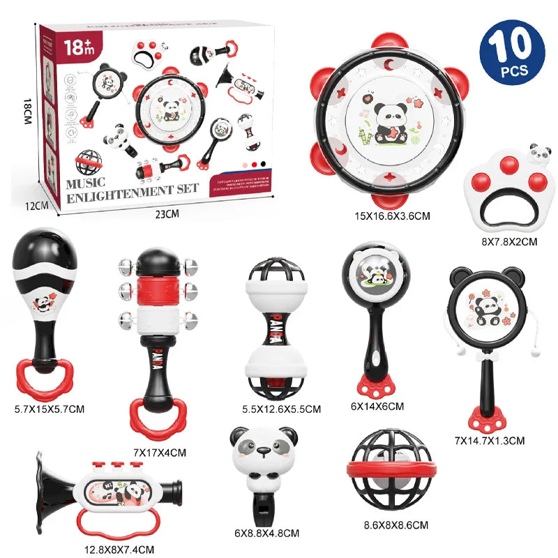 Panda-themed montessori music instruments toy baby set with colorful plastic and rubber for dental gum sand sensory play