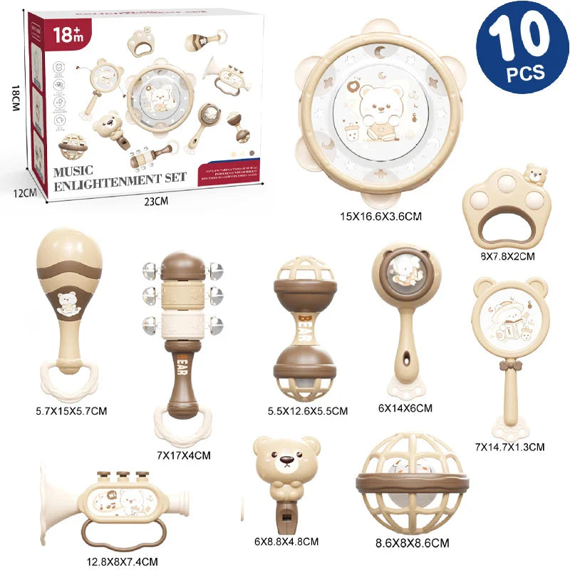 Beige and brown plastic montessori music instruments toy baby set with bear-themed rattles dental gum sand hammer hand bell