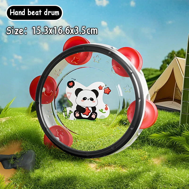 Transparent hand beat drum with red jingles and panda design montessori music instruments toy baby dental gum sand use