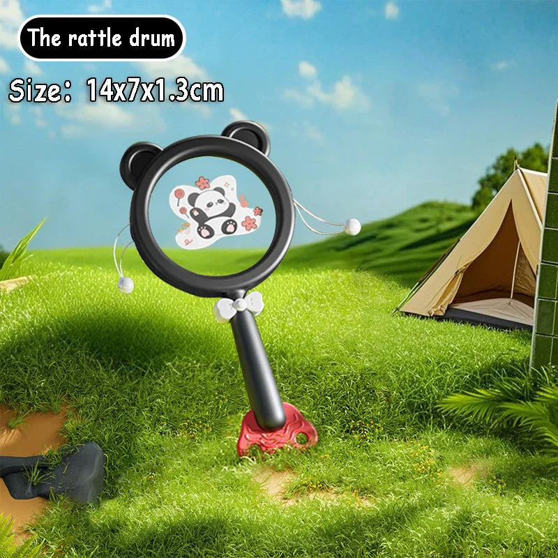 Black and red panda-themed montessori music instruments toy baby rattle drum with magnifying glass design for dental gum sand stimulation