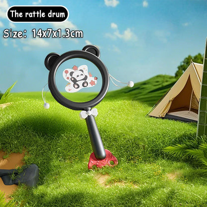 Black and red panda-themed montessori music instruments toy baby rattle drum with magnifying glass design for dental gum sand stimulation