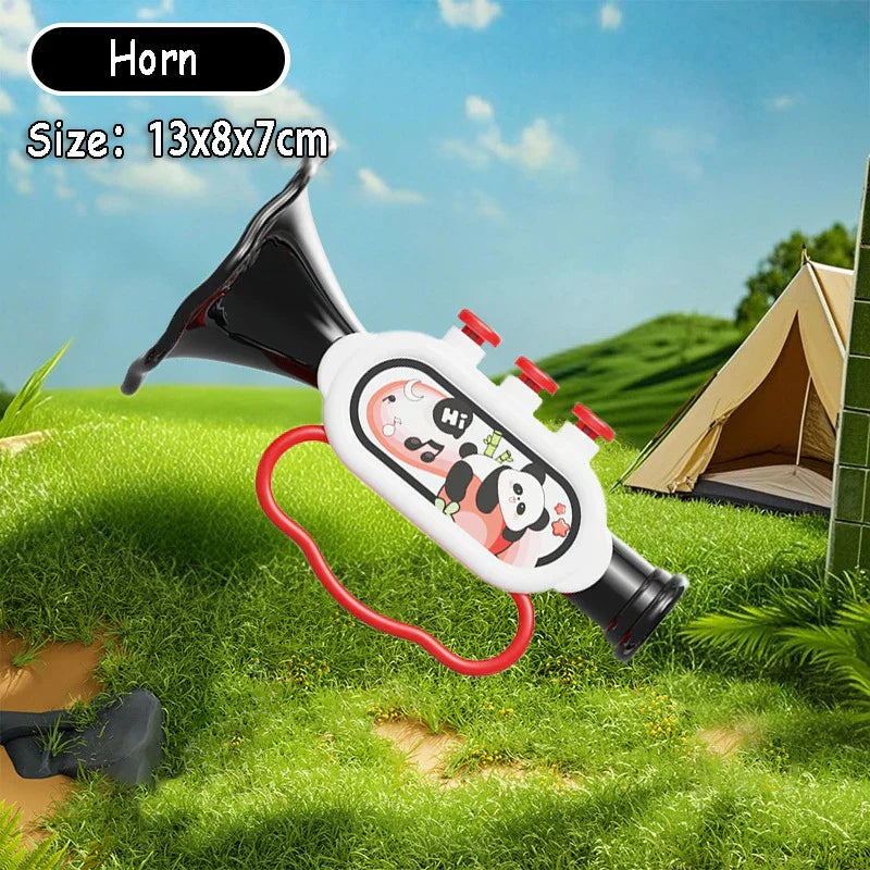 Black and white plastic montessori music instruments toy baby horn with red buttons and panda design for sensory education