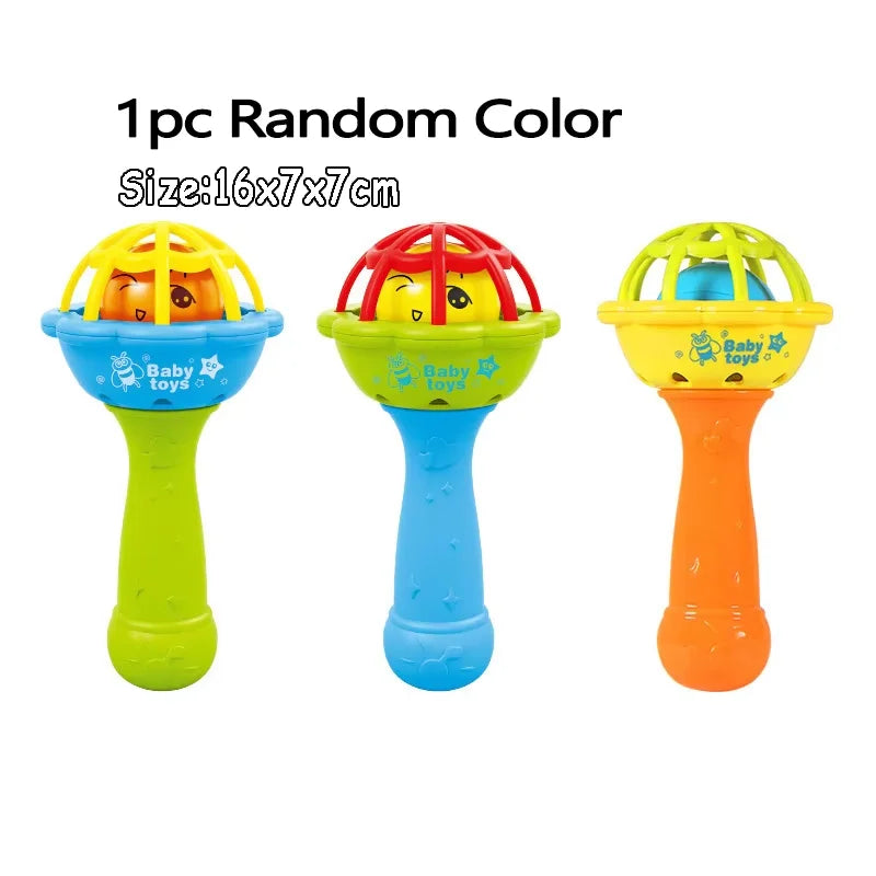Brightly colored plastic montessori music instruments toy baby rattles with cheerful faces and mesh tops for dental gum sand stimulation