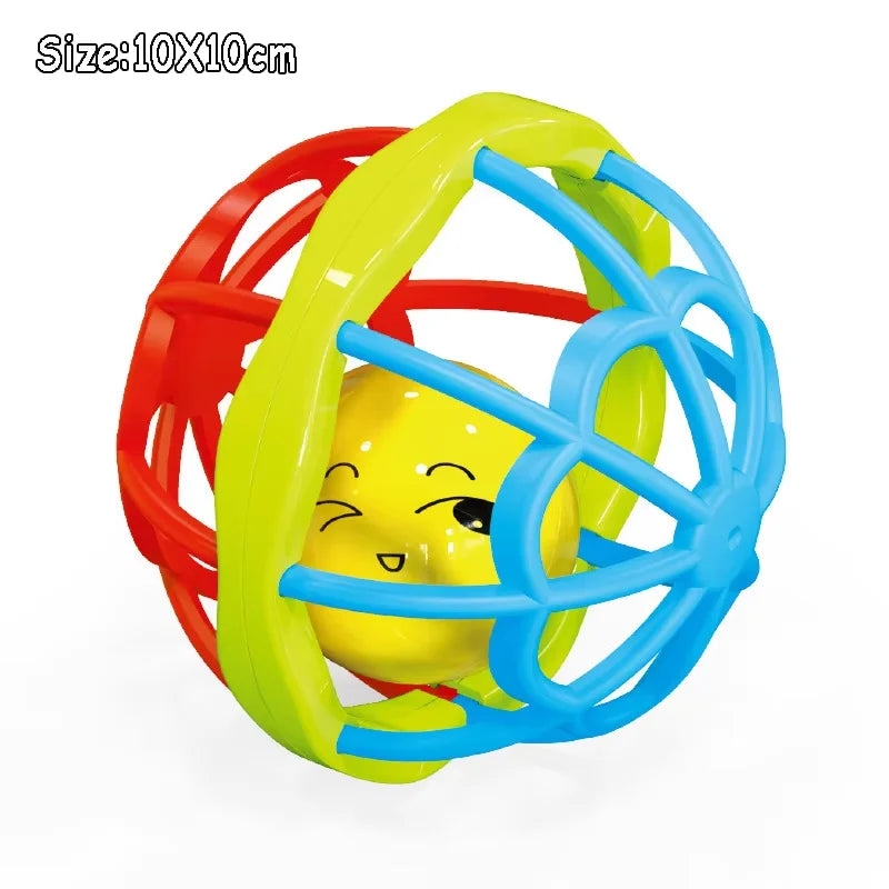 A cheerful yellow ball toy encased in a colorful plastic cage red green blue for montessori music instruments and sensory play