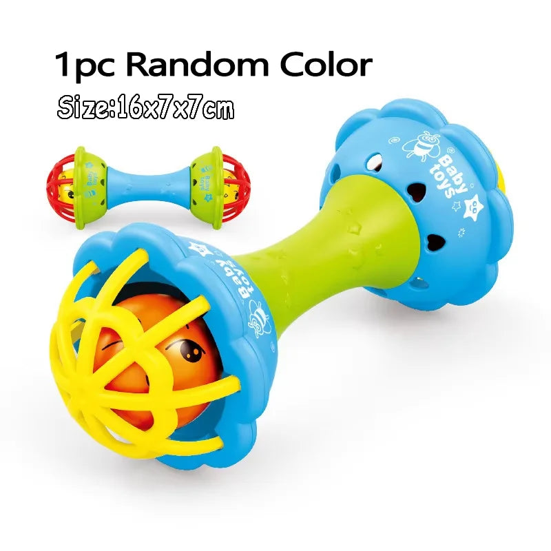 Blue and green montessori music instruments toy baby dental gum sand rattle with yellow mesh cage holding orange ball