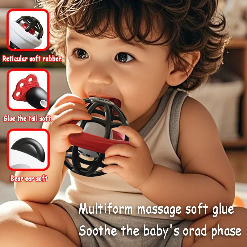 Black and red reticular soft rubber baby teething ball with plush bear ears for montessori music instruments toy baby dental gum sand use