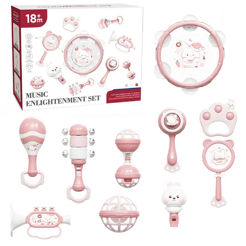 Pink and white plastic montessori music instruments toy baby with cartoon animal designs for sensory education and dental gum sand stimulation