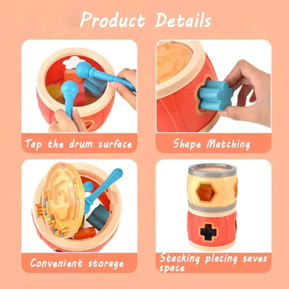 Montessori musical drums red and beige plastic drums set percussion with blue handles baby musical instrument