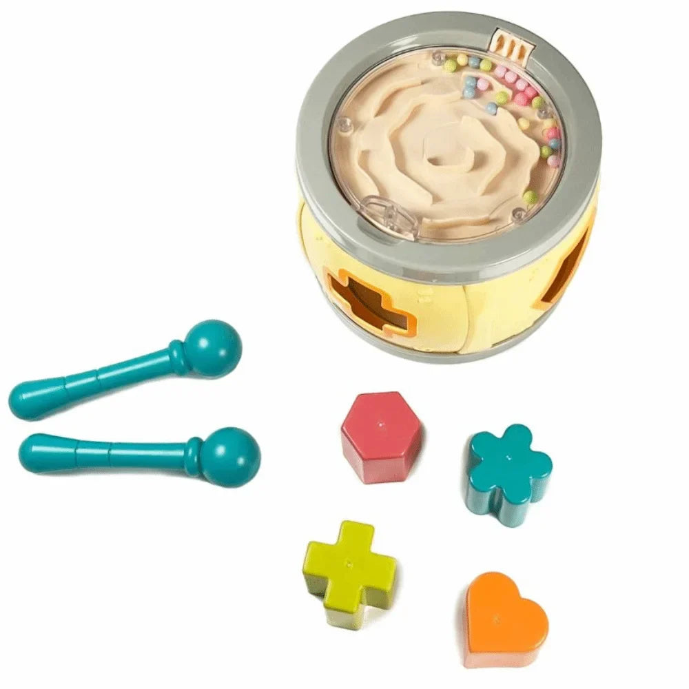 Yellow and gray plastic montessori musical drums set percussion with clear top showing colorful beads inside baby musical instrument