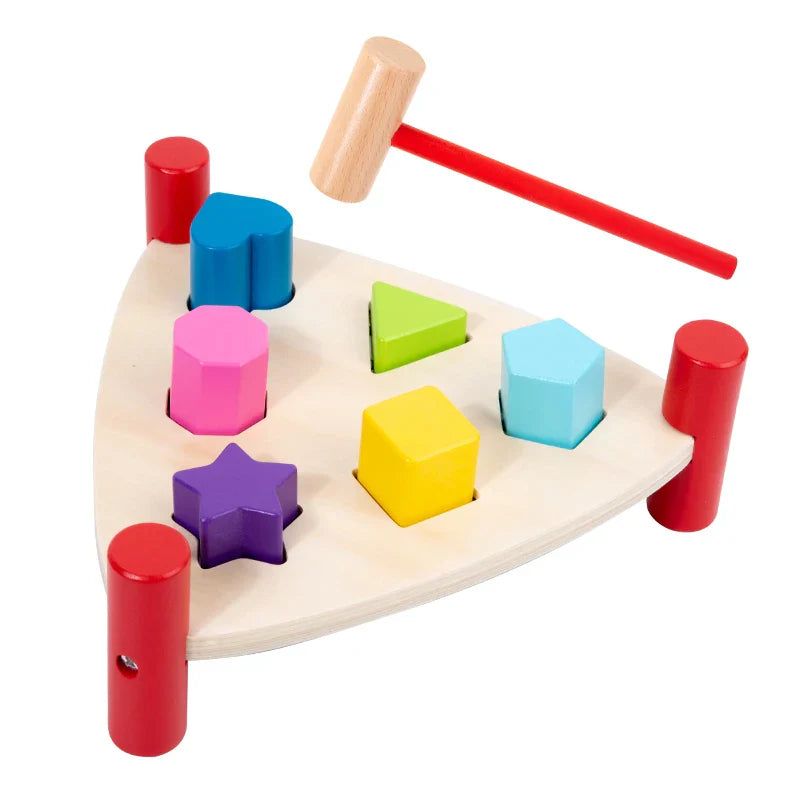 Colorful wooden early learning percussion hammer toy with red hammer and matching pegs for educational musical play