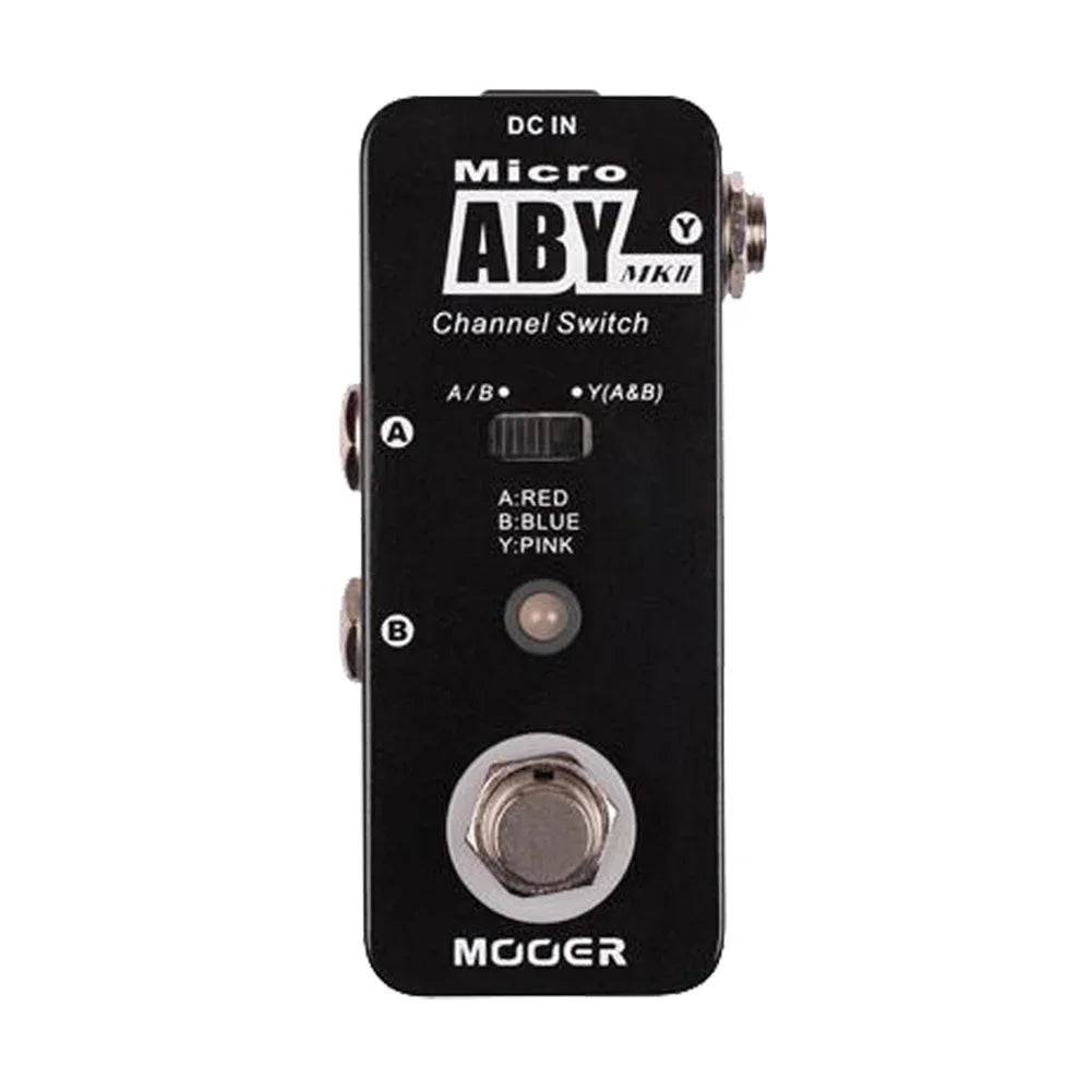 Black mooer aby mkii channel switch pedal with silver footswitch metal shell input and output jacks for guitar effects