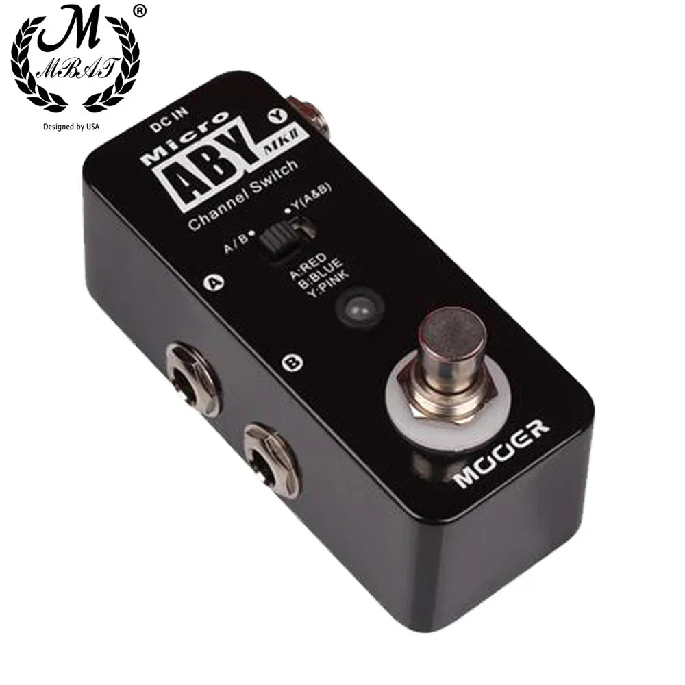 Mooer aby mkii black channel switch pedal with silver footswitch full metal shell and input jacks for guitar effects