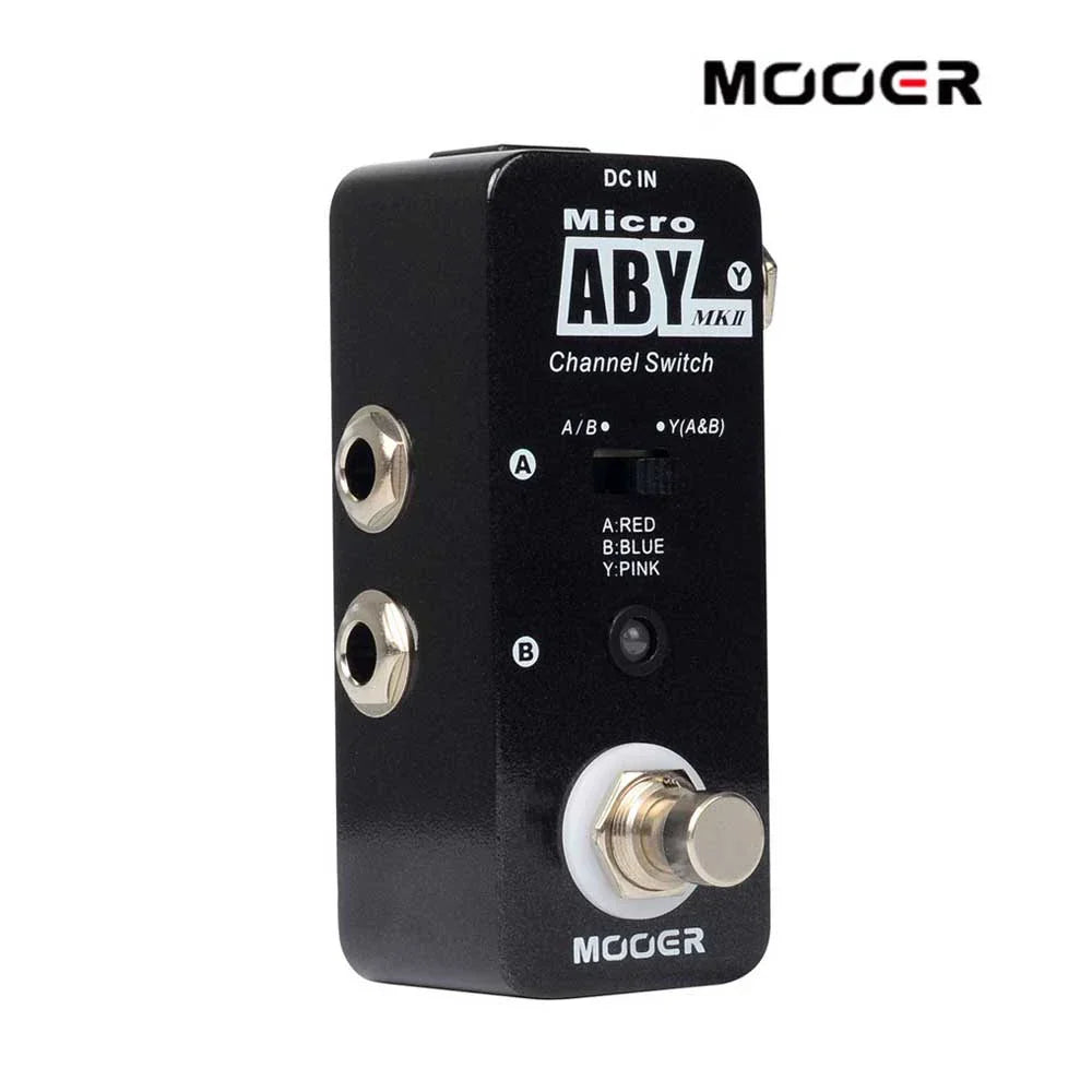 Black mooer aby mkii channel switch guitar pedal with metal shell silver input jacks and footswitch for guitar effects