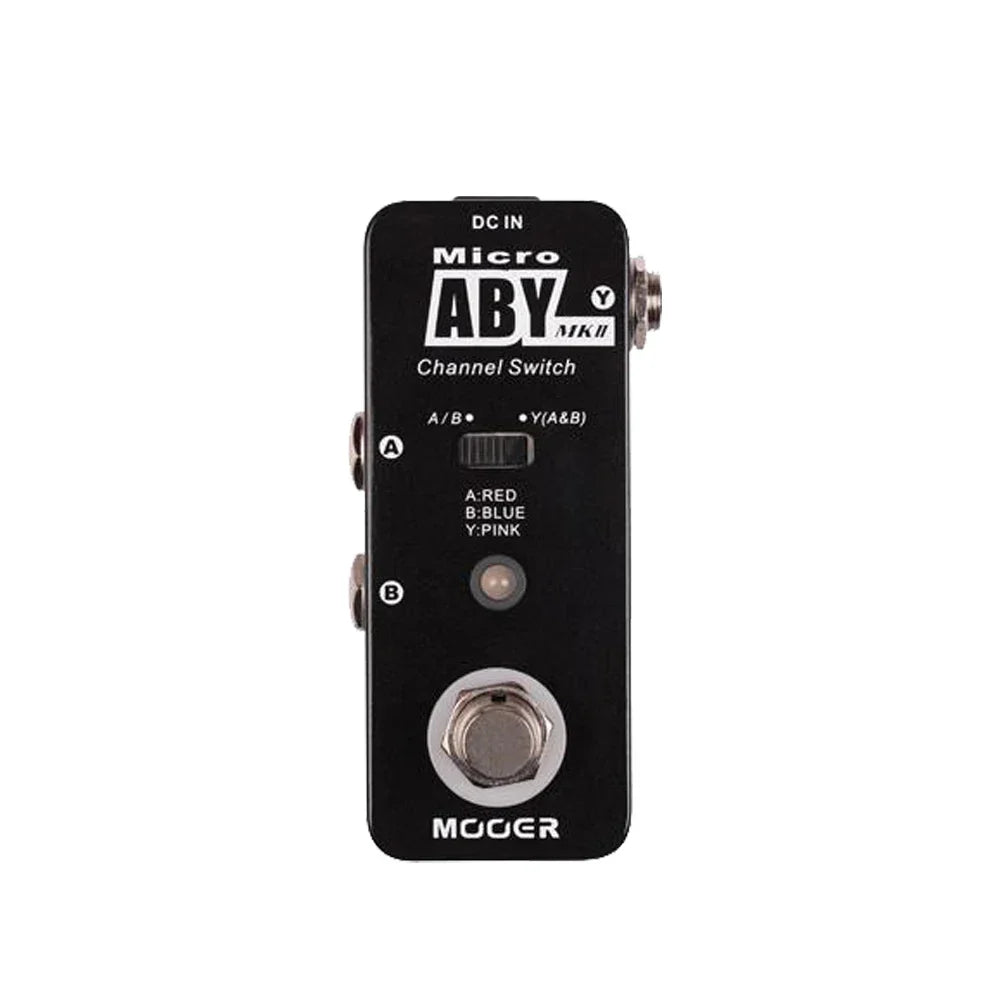 Black mooer aby mkii channel switch guitar pedal with silver footswitch and metal shell for true bypass use
