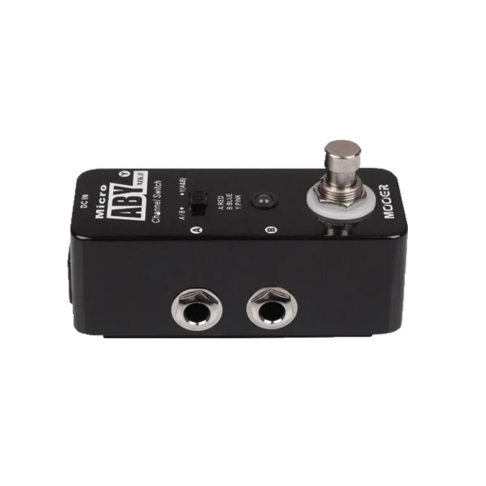Black mooer aby mkii metal shell channel switch guitar pedal with silver footswitch and input jacks for true bypass