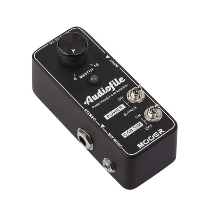 Black mcger audiofile headphone amplifier pedal with matte finish silver knobs and analog speaker cabinet simulation
