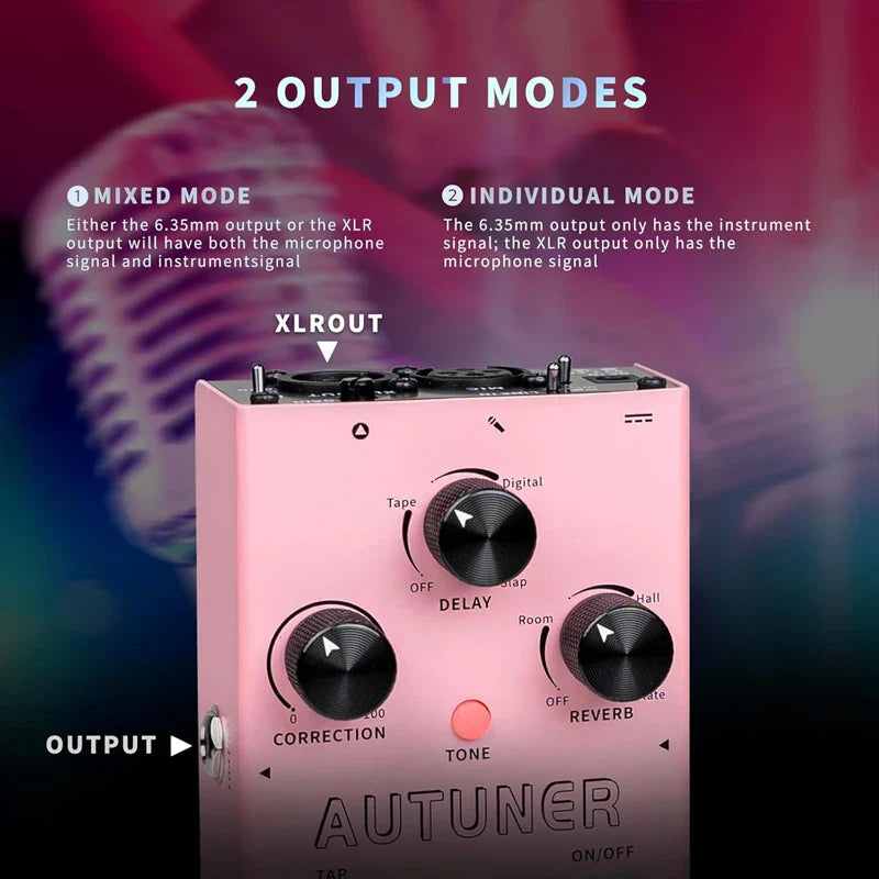 Pink mooer autuner mvp1 vocal effects processor pedal with black knobs and red power button for pitch correction