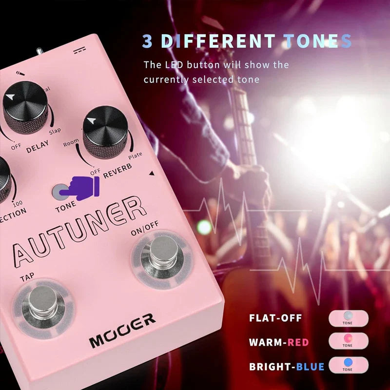 Pink mooer autuner mvp1 vocal effects pedal with black knobs and silver accents for pitch correction and tone control