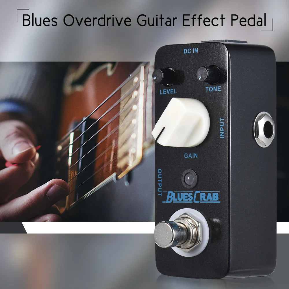 Black mooer blues crab blues overdrive guitar effect pedal with metal shell white footswitch and level tone gain knobs