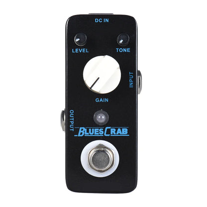 Black Mooer Blues Crab blues overdrive guitar effects pedal with metal shell, white knob, silver footswitch, and blue branding